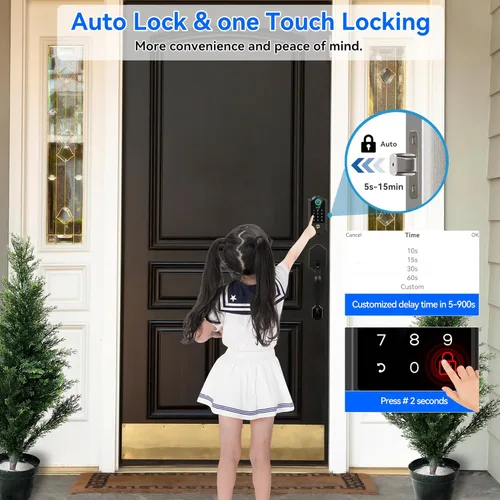 Vista 5 de Cerradura inteligente de puerta de huella digital para puerta delantera, cerrojo de entrada sin llave con juego de asas, teclado digital, control