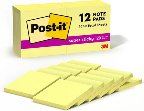 Post-it Notas súper adhesivas, 12 blocs de notas adhesivas, 3 x 3 pulgadas, suministros escolares, productos de oficina, notas adhesivas para