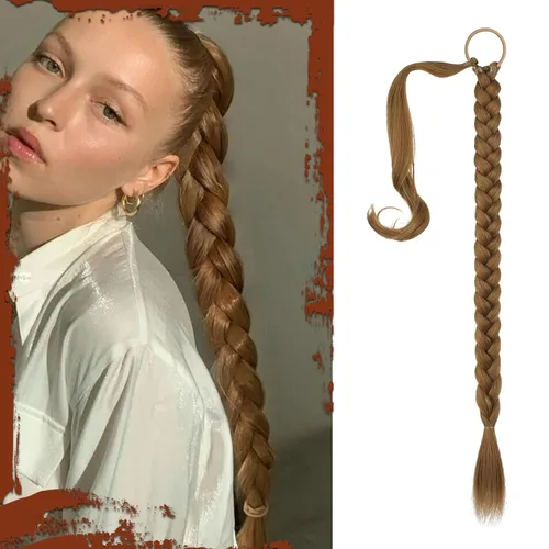 Vista 15 de SOFEIYAN Extensión de cola de caballo trenzada larga con banda elástica y mechón liso envolvente, extensiones de cabello naturales suaves