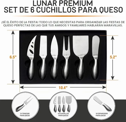 Vista 2 de Lunar - Juego de cuchillos de queso de 6 piezas, colección de cuchillos de queso de acero inoxidable de alta calidad, accesorios para tabla