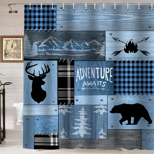 Namdeva Cabin Shower Curtain, Waterproof Fabric Shower Curtain, Blue Buffalo Plaid Black Bear Deer Wildlife Woodland Mountain Lodge Country Rustic