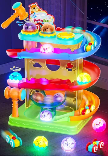 2 en 1 Pista de Carrera de Bolas Rodantes y Rampa de Coches para Niños Pequeños, Juguete de Bola con Martillo para Niños y Niñas, Juguetes