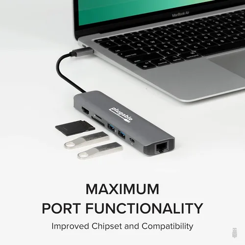 Vista 6 de Plugable Adaptador multipuerto USB C 7 en 1 con Ethernet compatible sin controladores con Mac, Windows, iPhone 15, Chromebook, USB4, Thunderbolt