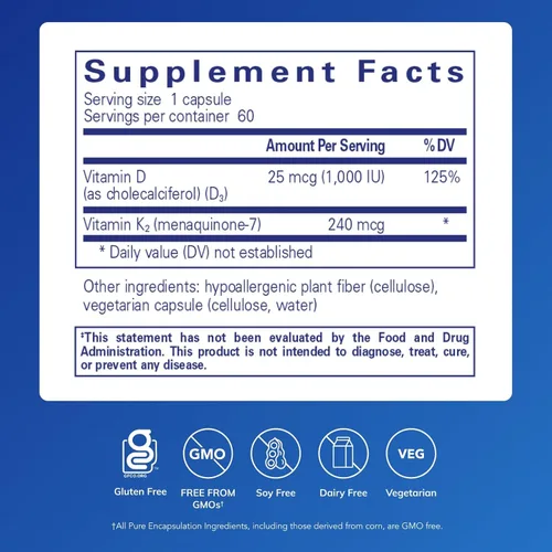 Vista 2 de Pure Encapsulations PureHeart K2D - Suplemento para la salud del corazón* - con vitamina K2 y D3 - Colecalciferol Vitamina D y MK-7 - Sin OMG