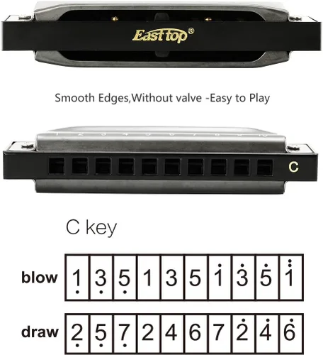 Vista 7 de East top Armónica, armónica Diatonic Blues Deluxe Clave de C, 10 agujeros, 20 tonos, Arpa de arpa, órgano de boca de arpa para adultos