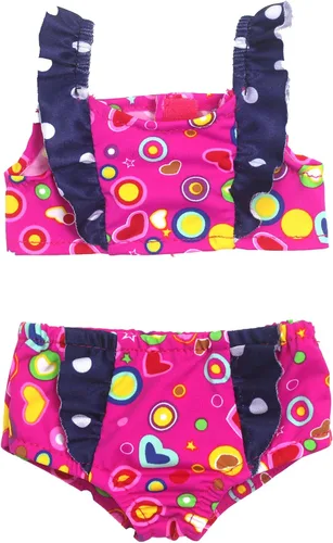 Sophia's Muñeca de 18 pulgadas, 3 piezas, estampado rosa intenso con volantes azul marino, traje de baño y gafas de sol