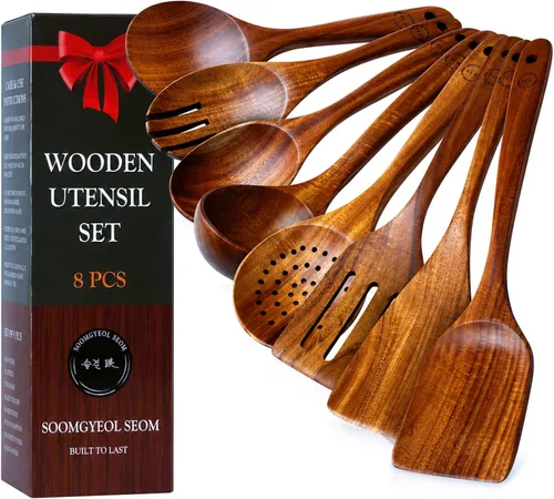 Juego de Utensilios de Madera de Teca 100% Natural – 8 Piezas de Cucharas de Cocina Duraderas para Cocinar – Antiadherentes y Resistentes al Calor,