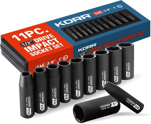 KORR Tools KSS001 - Juego de llaves de impacto (11 piezas, 6 puntos, 1/2 pulgada SAE Deep Socket Set