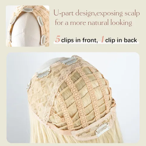 Vista 3 de SARLA Extensiones de cabello sintético con clip, parte en U, largo, ondulado, rizado, grueso, de cabeza completa, para mujer, rubio playa, 24