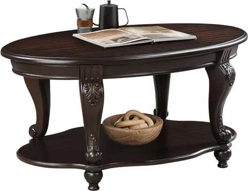 Vista 17 de Mesa de café ovalada de madera para sala de estar, mesa de café de dos niveles de madera maciza con estante de almacenamiento abierto, mesa