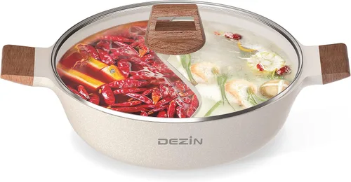 DEZIN 5-QT Olla de Doble Sabor Shabu Shabu con Divisorio, Olla de Inducción Antiadherente de Doble Cara, Olla de 12 Pulgadas Dividida para Cocinar,