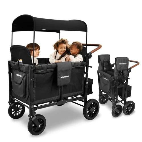 WONDERFOLD W4 Luxe - Cochecito cuádruple con 4 asientos altos, cara a cara, con hebilla magnética, arneses de 5 puntos y toldo de protección UV Negro