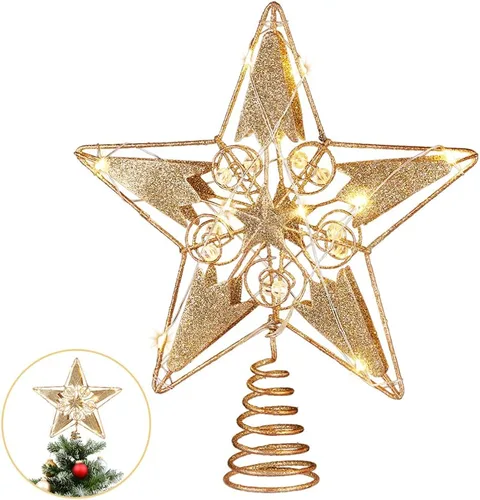 Vista 9 de Decoración para árbol de Navidad, 15 luces LED iluminadas para árbol de Navidad, decoración de estrella dorada para decoración interior del hogar