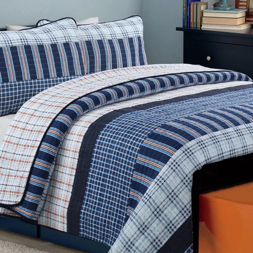 Juego de ropa de cama de 100 % algodón con estampado a rayas de cuadros azul marino y naranja a rayas, colcha reversible, colcha (Bennett Plaid,