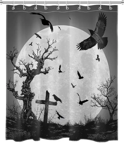 Vista 2 de LB Creepy Halloween Shower Curtain Scary Full Moon Crow and Dead Tree with Cemetery Bathroom Shower Curtain Black and White Bathroom Decor with
