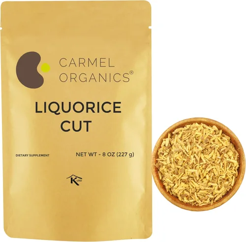 CARMEL ORGANICS Regaliz (Mulethi) Root Cut 8 onzas | Yashtimadhu indio para tu salud, cuidado de la piel y el cabello | Glycyrrhiza Glabra | Sin