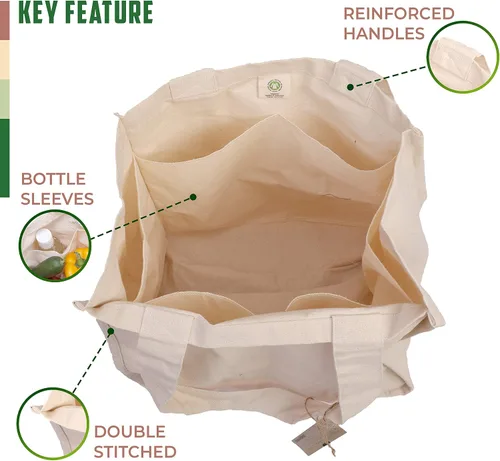 Vista 2 de AMOUR INFINI Bolsas de comestibles de algodón orgánico con funda para botella, juego de 3 bolsas de hombro plegables y lavables con asas reforzadas