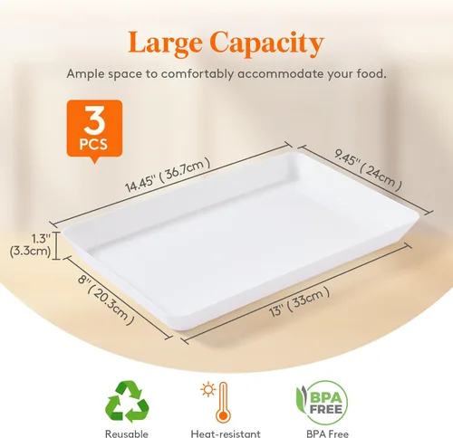 Vista 2 de Lifewit Bandeja de plástico reutilizable para servir, platos blancos de 15 x 10 pulgadas para fiestas, bandejas grandes para servir alimentos, bufé