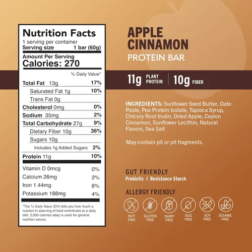 Vista 3 de Amrita Barras de proteína vegana de manzana y canela sin nueces (12 unidades) Barra de proteína a base de plantas de 0.43 oz Sin maní, sin