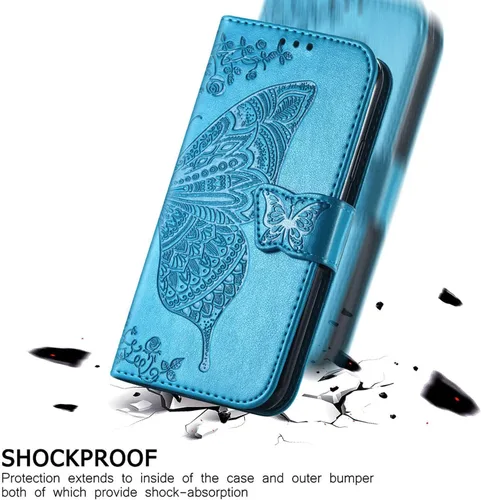 Vista 4 de for Xiaomi 12 Ultra/12S Ultra Wallet Case Butterfly Flower Design PU Leather Flip Folio Cover with Card Holder Kickstand Wrist Strap Shockproof Blue