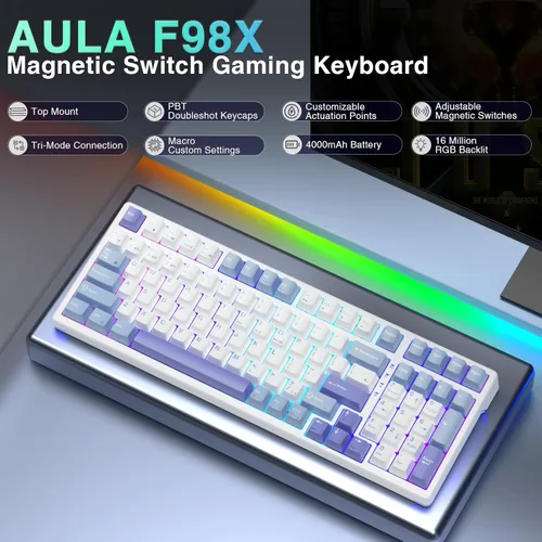 Vista 2 de Aula F98X - Teclado de efecto Hall con interruptor magnético, disparador rápido, teclado mecánico inalámbrico para juegos, tres modos