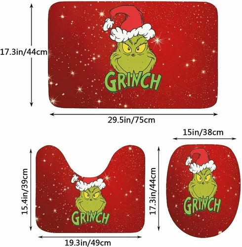 Vista 6 de Juego de 4 cortinas de ducha navideñas con alfombras antideslizantes, cubierta para tapa de inodoro y tapete de baño, cortina de ducha de Navidad