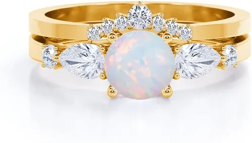 Vista 2 de Opal Ring Set Opal Engagement Rings for Women 10K 14K 18K Gold Opal Wedding Ring Set Bridal Sets Opal Anniversary Ring Promise Ring For Her Free