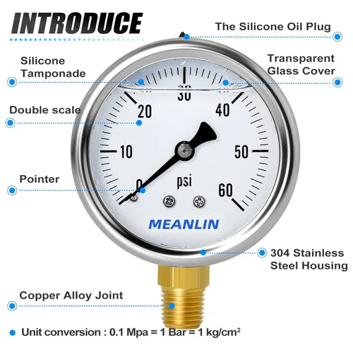 Vista 571 de MEANLIN MEASURE - Vacuómetro de presión de vacío de acero inoxidable, esfera con cara de 2.5 pulgadas, NPT de 1/8 de pulgada, montaje trasero