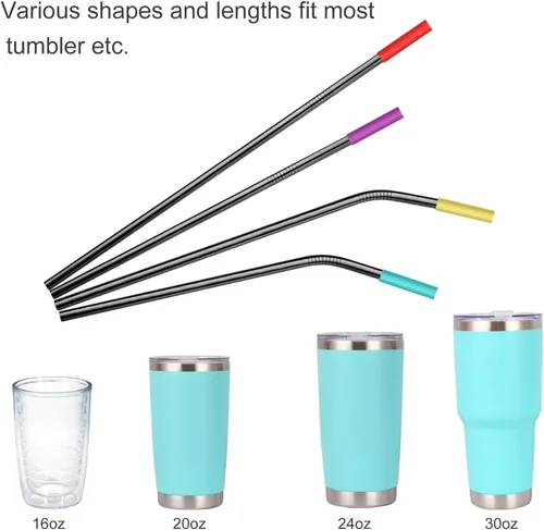 Vista 6 de 20 popotes de acero inoxidable reutilizables de color negro, de 10.5 y 8.5 pulgadas con 20 puntas de silicona, 5 cepillos para pajillas, 1 estuche