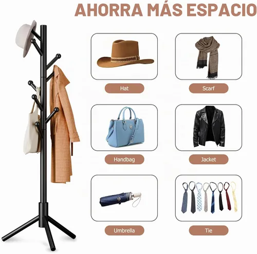 Vista 8 de Perchero de abrigos, Perchero de pie independiente con 8 ganchos, 3 alturas ajustables para ropa, sombreros, bolsos, árbol de abrigos de fácil