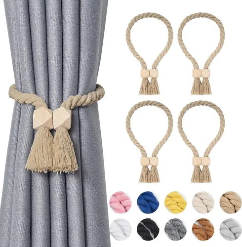 Vista 79 de NICEEC 2 Pack de Alzapaños Magnéticos de Madera en Forma de Cubo Boho para Decoración del Hogar, Alzapaños de Lino Tejidos a Mano para Cortinas Beige