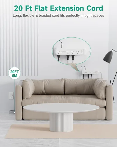 Vista 2 de Cable de extensión plano de 20 pies, múltiples tomacorrientes, protector de sobretensiones, 8 salidas de CA, 3 USB de carga rápida (3.4 A 17 W)
