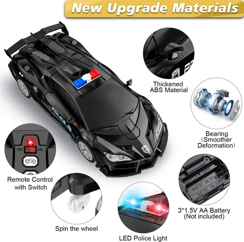 Vista 6 de Coche de control remoto con transformación de un botón, autos RC que se transforman en auto robot, 2.4GHz rotación de 360 grados coche de policía