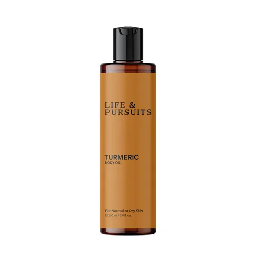 Life & Pursuits Aceite corporal de cúrcuma – Aceite de masaje corporal natural ayurvédico con vitamina E, aceite de coco, almendra y escualano |