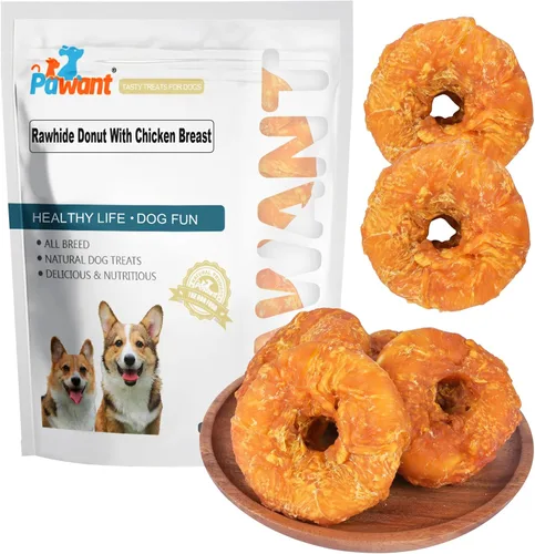 Golosinas para perros de larga duración para perros grandes, dientes limpios envueltos en pollo, donas de cuero crudo, 0.5lb/227g