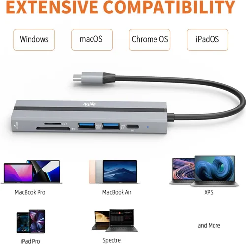 Vista 4 de ikling Hub USB C, 6 en 1 con HDMI 4K, 60 W PD, 2 puertos de datos USB-A y lector de tarjetas SD/TF, adaptador multipuerto USB C Hub para MacBook