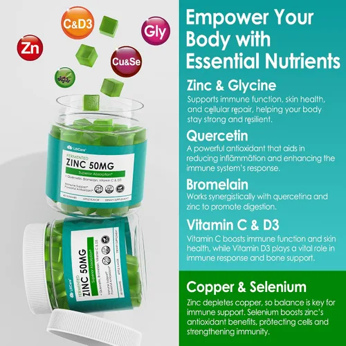 Vista 6 de Gomitas de zinc de 50 mg + quercetina y bromelina, vitamina C y D3, cobre, selenio, suplementos de zinc fermentados para mujeres y hombres