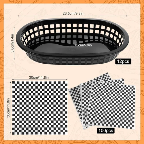 Vista 2 de Rainmae Plastic Food Baskets with Deli Liners - 12 Retro Style Restaurant Baskets, 100 Deli Paper Sheets