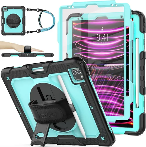 Vista 9 de SEYMAC stock Funda para iPad Pro de 12.9'' 2022/2021/2020/2018 con protector de pantalla giratorio 360 y correa de mano, funda a prueba de caídas