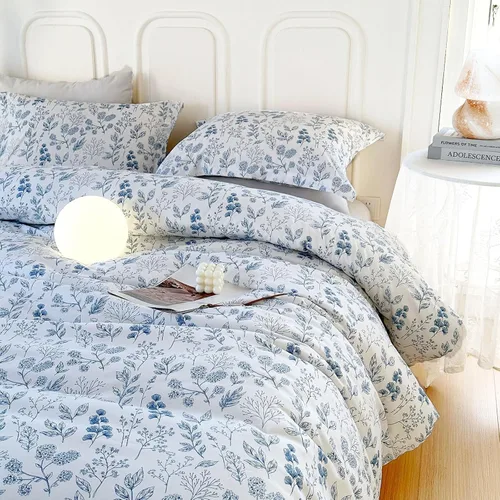 Vista 9 de EAVD Juego de edredón floral azul Twin/Twin XL blanco, microfibra suave, 3 piezas, juego de edredón bohemio con flores botánicas para niñas con 2