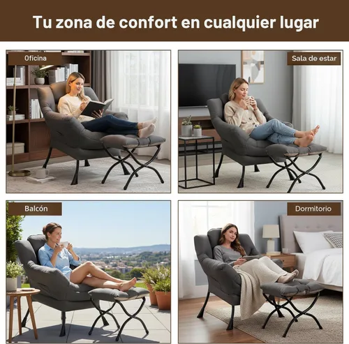 Vista 7 de Welnow - Silla perezosa con otomana, moderna silla de descanso con reposabrazos y bolsillo lateral, sillón de sofá tapizado de ocio, sillón de Gris