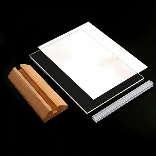 Vista 3 de TONICE® Paquete de 3 soportes acrílicos de 5 x 7 pulgadas en forma de T, marcos de acrílico transparente de doble cara con base de madera, soporte