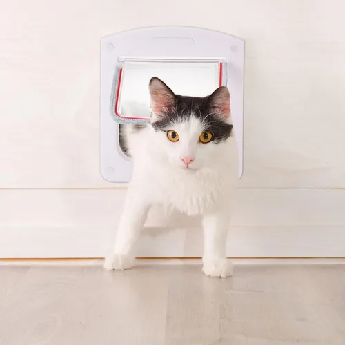 Vista 6 de Saintrygo Puerta para gatos de 4 vías con bloqueo giratorio para interior y exterior, resistente a la intemperie, puertas de mascotas para gatos