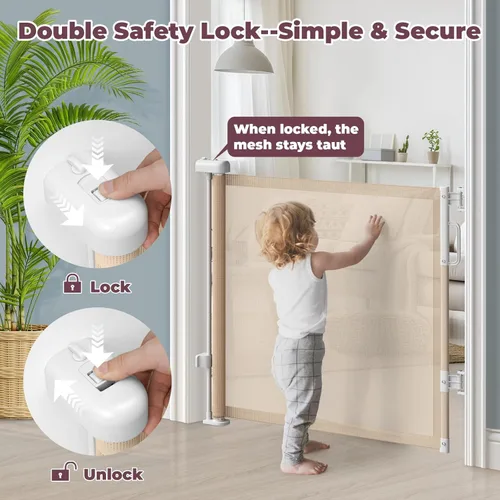 Vista 4 de Puertas de malla retráctiles para bebés y mascotas; para escalera, pasillos, terraza, porche, interiores y exteriores; elementos de seguridad; Beige