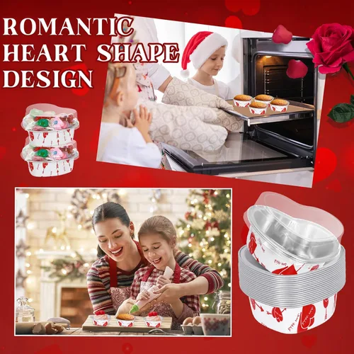 Vista 4 de Ziliny Juego de 100 moldes para pasteles en forma de corazón con tapas, mini moldes de papel de aluminio para tartas de San Valentín, 3.4 fl oz/3.4