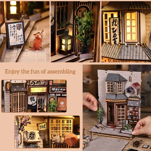 Vista 7 de Kit de rincón de libros, kit de casa en miniatura para adultos y adolescentes, decoración de estantería de callejón japonés con LED, rompecabezas