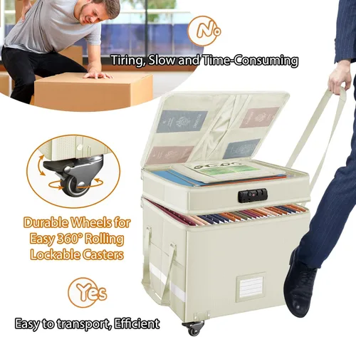 Vista 7 de DocSafe Caja de documentos ignífuga con cerradura, caja de archivos de 2 capas con ruedas, organizador de almacenamiento de archivos plegable