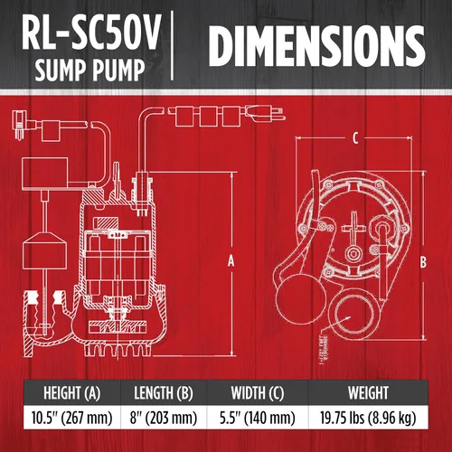 Vista 2 de Red Lion RL-SC50V 14942747 Bomba de sumidero de hierro fundido de 115 voltios, 1/2 HP, 4300 GPH con interruptor vertical, cable de 10 pies, rojo