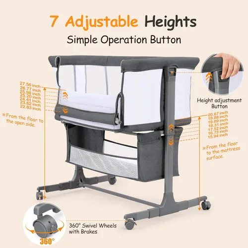 Vista 7 de Ezebaby Cuna junto a la cama para bebé, moisés portátil junto a la cama para recién nacidos con ruedas, cesta de almacenamiento, ajustable a 7