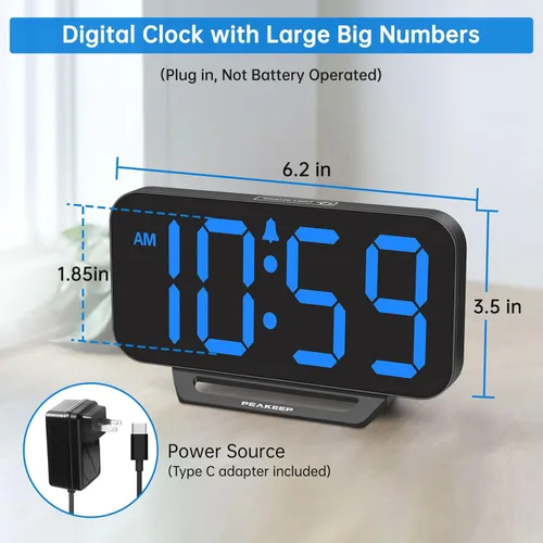 Vista 2 de Peakeep Small Digital Alarm Clock for Bedrooms, Loud for Heavy Sleepers Adults, Dimmable Plug in Electric Large Numbers Clock Battery Backup, Slim